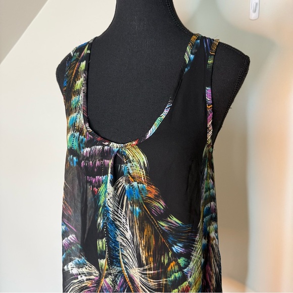 LOVELYGIRL COLLECTION Sheer Tank Top Black Multicolour Feather Pattern Racerback - Picture 5 of 10